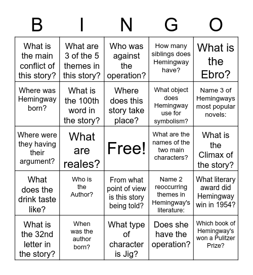 Hills Like White Elephants Bingo Card