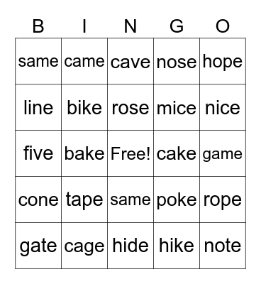 Phonics- Bossy E words Bingo Card