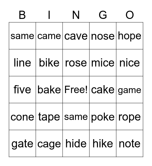 Phonics- Bossy E words Bingo Card
