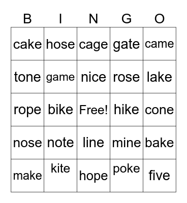 Phonics Bossy E Words Bingo Card