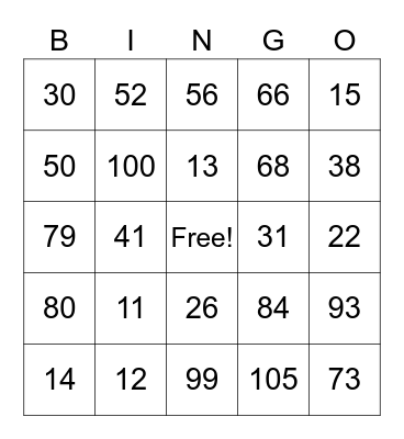 Number Bingo Card