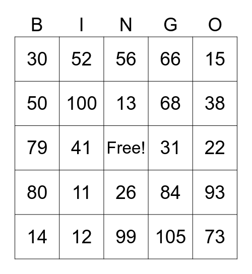 Number Bingo Card
