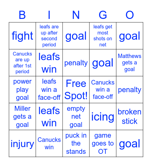 Leafs vs Cancucks Bingo! Bingo Card