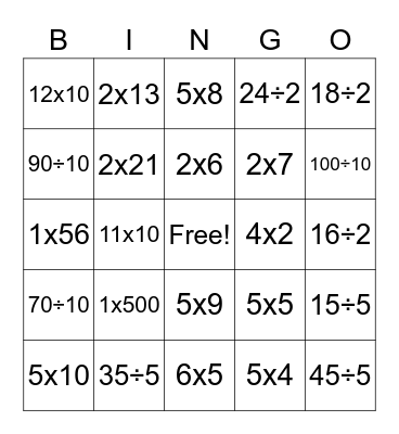 Multiplication and Division Bingo Card