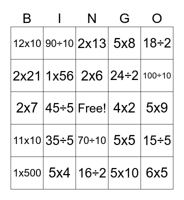 Multiplication and Division Bingo Card