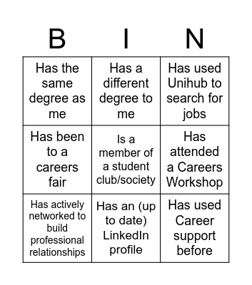 Peer Career Ambassador Bingo Card