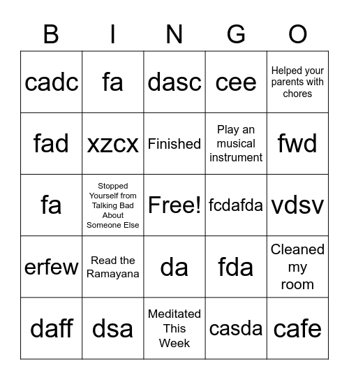 Teen Youth Bingo Card