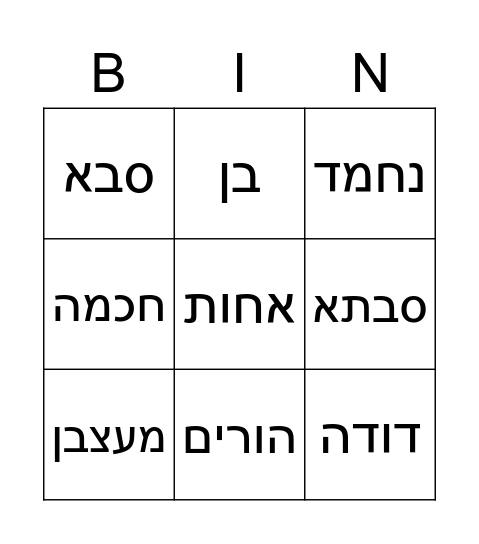 Family - משפחה Bingo Card