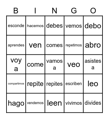 er & ir verbs conjugated Spa 1 8th Bingo Card