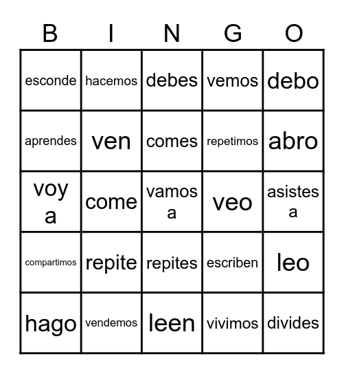 er & ir verbs conjugated Spa 1 8th Bingo Card