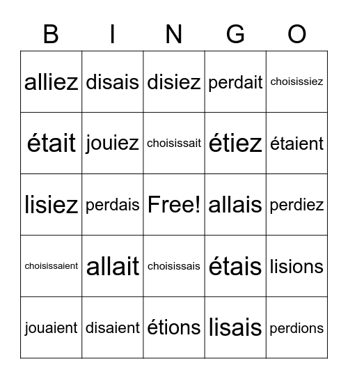 Imparfait Practice Bingo Card