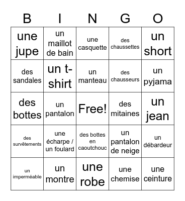 Les vêtements - in French Bingo Card