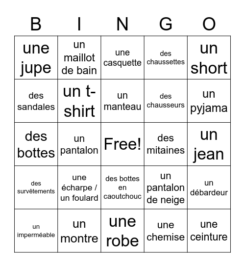 Les vêtements - in French Bingo Card