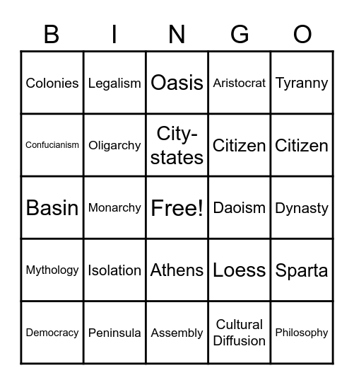 Unit 6: Greece Vocabulary Bingo Card