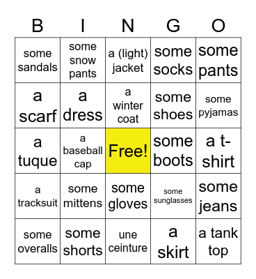 Les vêtements - in English Bingo Card