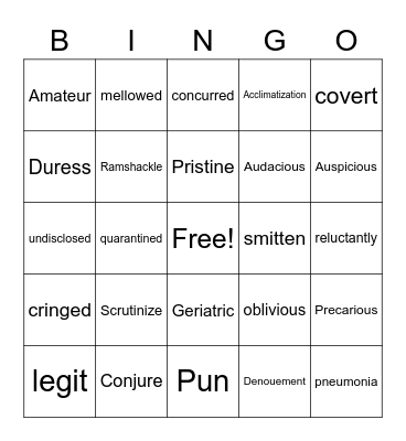 Peak Vocabulary Bingo Card