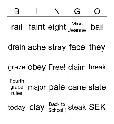 Spelling List 1 4th Bingo Card