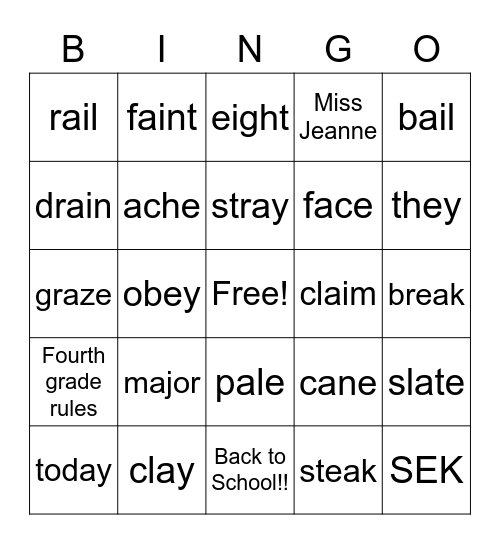 Spelling List 1 4th Bingo Card