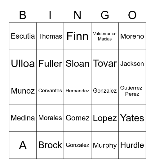 224 Last Names Bingo Card