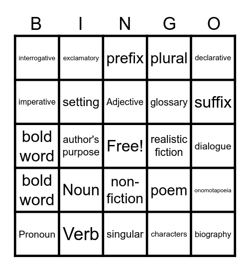 Literary Terms Bingo Card