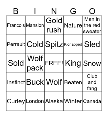 The Call of the Wild  Bingo Card