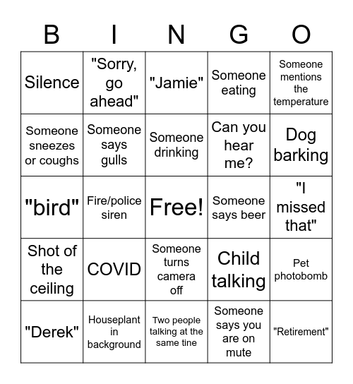 Friday afternoon Zoom Bingo Card