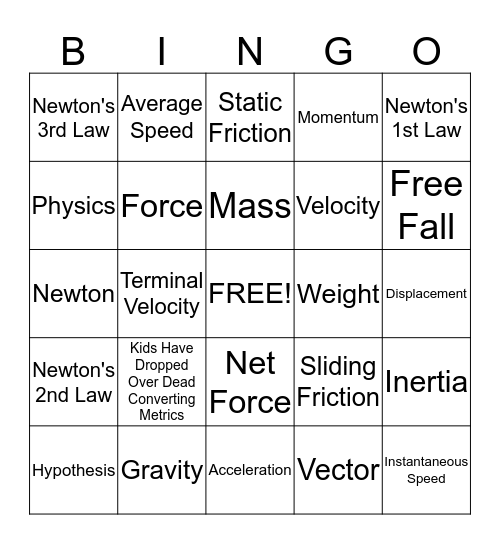 Motion, Forces and other Cool Stuff Bingo Card