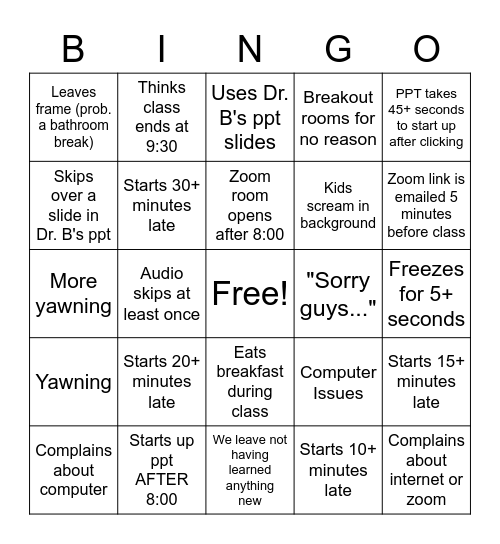 PT260 Lecture Bingo Card