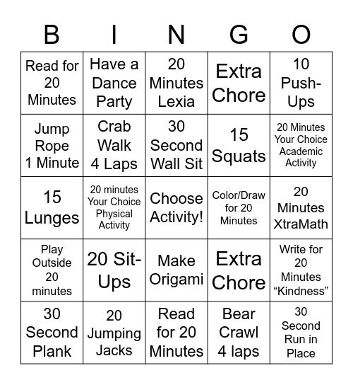 Move Your Body and Brain! Bingo Card