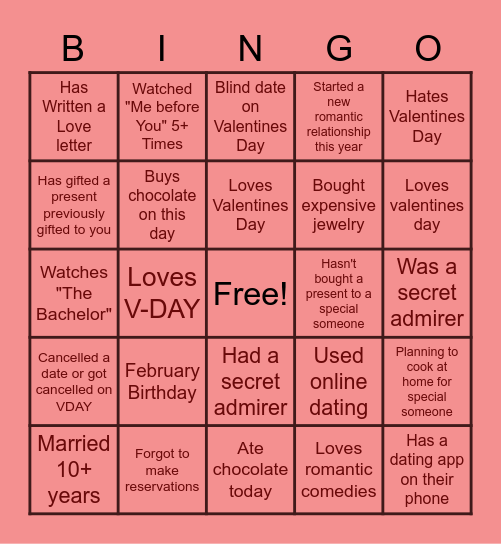 BINGO Valentines Day Edition Bingo Card