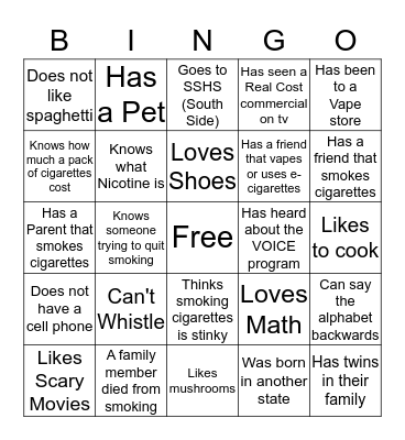 Boys & Girls Club and Voice Bingo Card