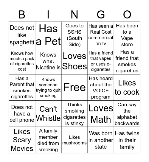 Boys & Girls Club and Voice Bingo Card