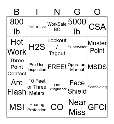 Safety Bingo Card