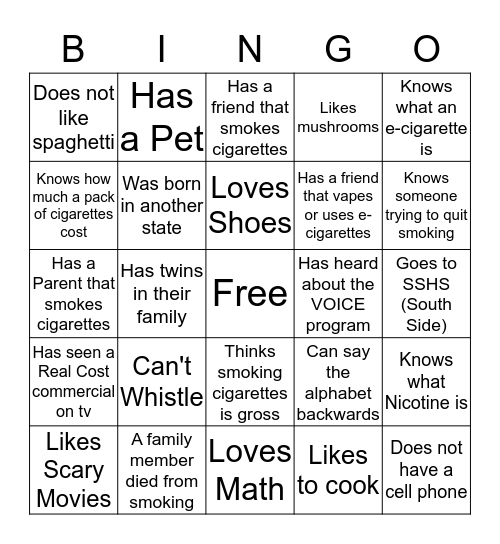 Boys & Girls Club and Voice Bingo Card