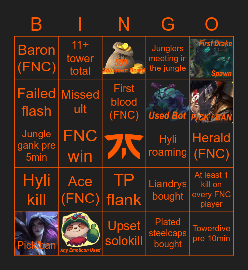 Fnatic VS Vitality Bingo Card