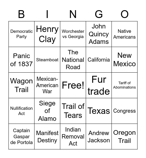 Topic #4 - The Age of Jackson and Westward Expansion Bingo Card