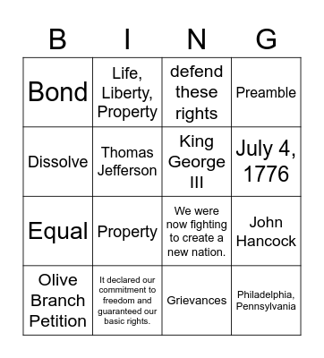 Declaration of Independence BING Bingo Card