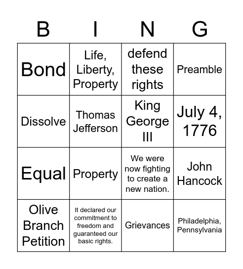 Declaration of Independence BING Bingo Card