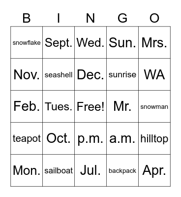 Abbreviation & Compound Word BINGO Card