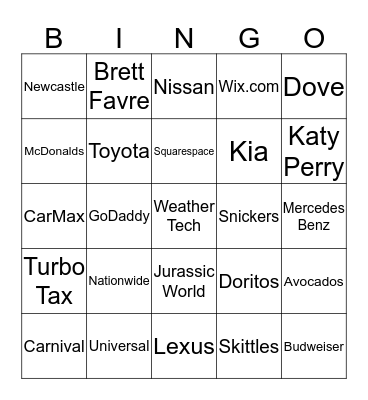 Superbowl Commerical  Bingo Card