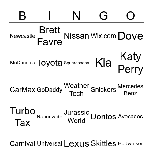 Superbowl Commerical  Bingo Card