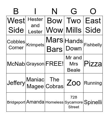 Maniac Magee Bingo Card