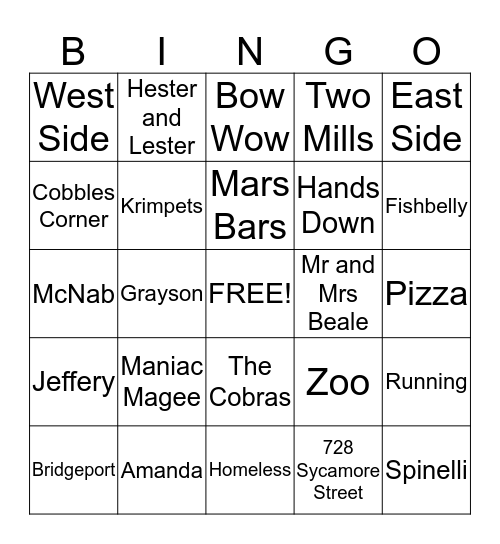 Maniac Magee Bingo Card