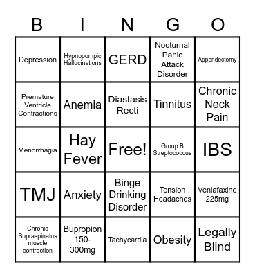 Kate's Medical Diagnosis Bingo Card