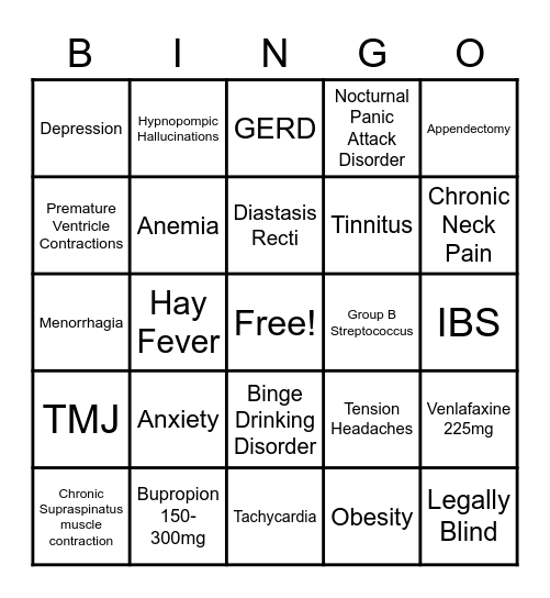 Kate's Medical Diagnosis Bingo Card