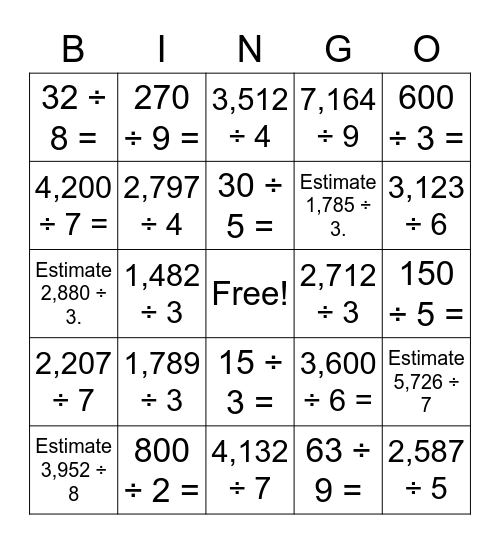 MATH BINGO Card