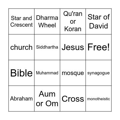 MAJOR WORLD RELIGIONS Bingo Card