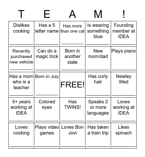 Getting to know Each other! Bingo Card