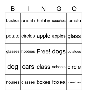 Singular and Plural Nouns Bingo Card