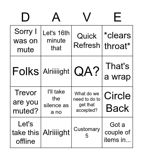 David Dienhart Bingo Card